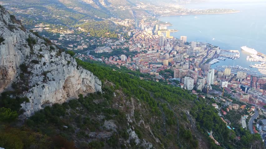 Aerial Panoramic View of the Principality of Monaco and the Mediterranean Sea, French Riviera in the South of France
