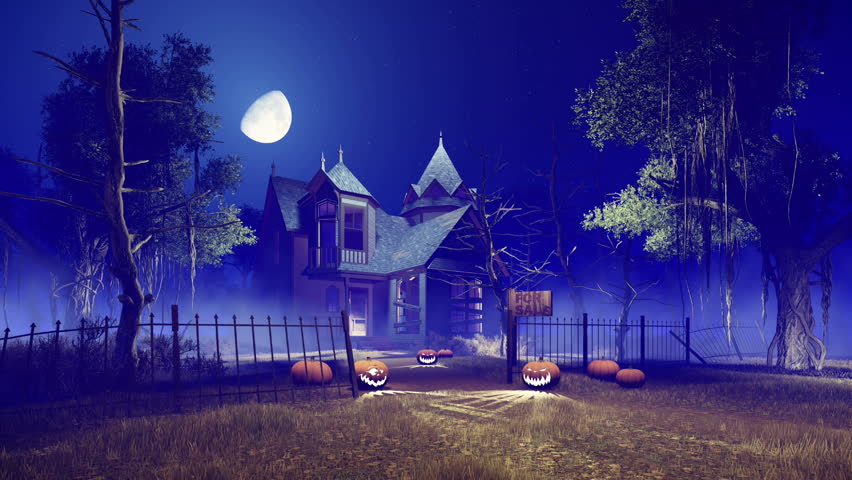 Motion to the spooky haunted house with Jack-o-lantern Halloween pumpkins on its footpath at misty night with fantastic big moon in sky. Handheld camera effect. Realistic 3D animation rendered in 4K