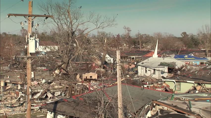 Destroyed Levy and Neighborhood in New Orleans from Hurricane Katrina, Camera Zooms out to Wide Shot.