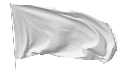 Blank plain white flag with flagpole waving in the wind, surrender flag 3D animation with luma matte alpha channel included