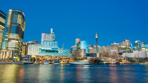 4k hyperlapse video of Darling Harbour of Sydney from day to night