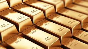 Banking, financial success development, growth and profit investment concept: 4K video of the macro view of stacks and rows of gold ingots or golden bullions bars with selective focus effect