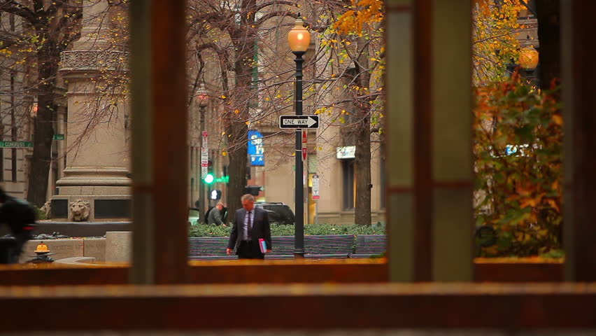 Downtown Boston, MA street as seen through window