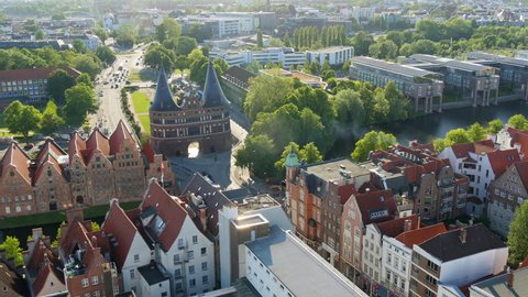 Arial view from the Saint Petri Church tower over the city, Lubeck, Germany. Panning shot
