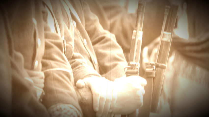 View of Close up of Civil War soldiers hands on guns (Archive Footage Version)