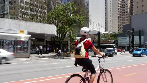 SAO PAULO, BRAZIL - CIRCA OCTOBER 2016: Cyclist on Paulista Avenue, Sao Paulo, Brazil