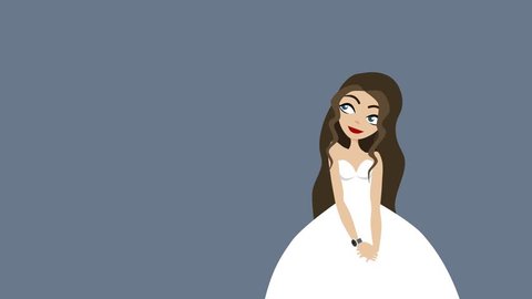 bride in white dress in love, red hearts flying over her head. Animated brunette woman in love. Luma Matte, mask included