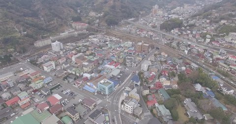 Aerial view of Shinkansen in a small town in Japan. 
