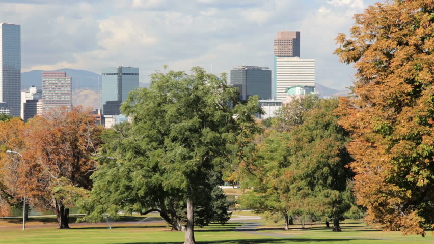 Iconic view of downtown Denver from the City Park.