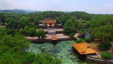 HUE, VIETNAM, AUGUST 20, 2016: Tomb of Tu Duc emperor in Hue, Vietnam from drone. A UNESCO World Heritage Site 