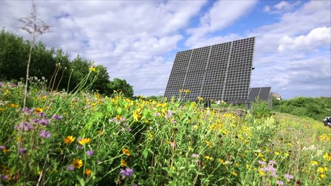 Solar Panels In a Prairie- Medium Shot, Dolly In