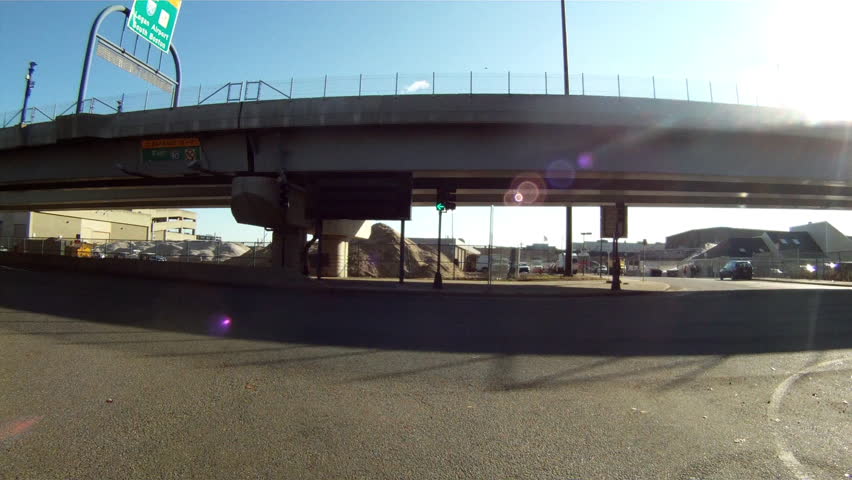 Driving under long overpass in Boston, MA