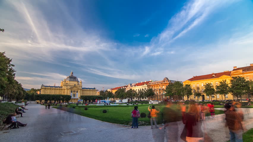 Panoramic timelapse view of Art pavilion at King Tomislav square at sunset in Zagreb, Croatia. It is the oldest gallery in the southeast Europe designed specifically to accommodate large exhibitions.