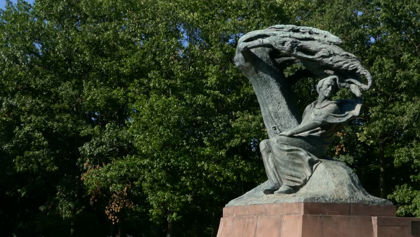 A left to right pan of the famous Polish pianist - Frederic Chopin monument in Lazienki Park Warsaw, Poland