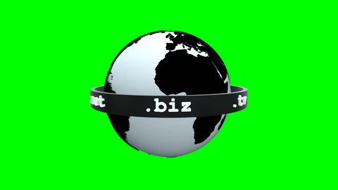 Domain name world- common domain suffixes circling planet Earth against chromakey green suitable for compositing