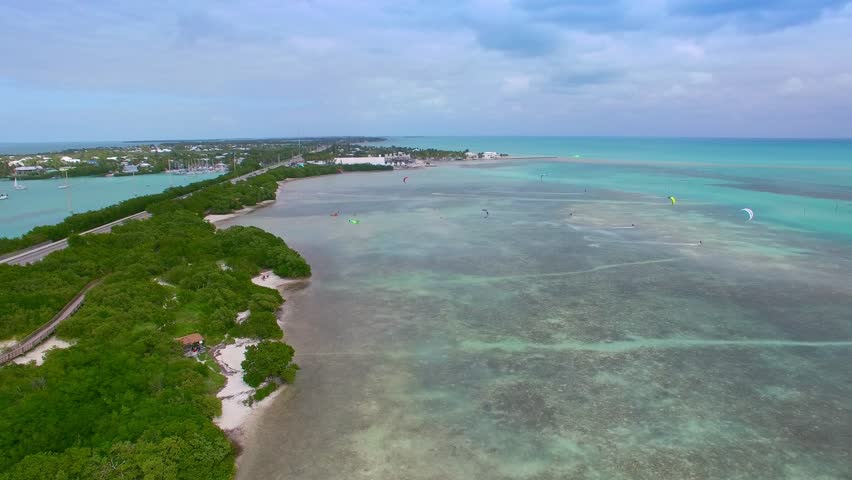 Surfers along Overseas Highway, Florida aerial view.