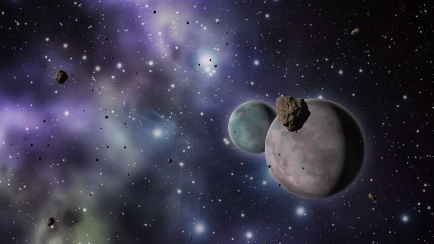 Asteroid field with planets and stars. A giant asteroid passes in front of the