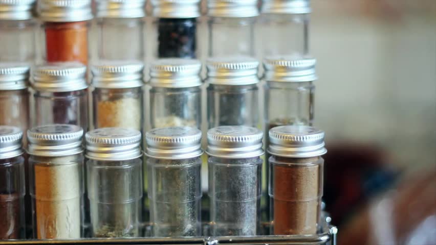 Colorful Spices in a Spice Rack