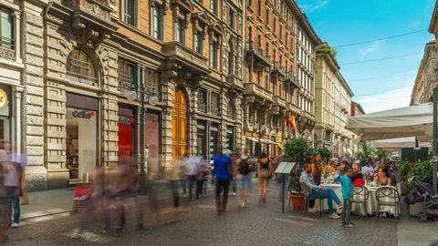 MILAN, ITALY - SEPTEMBER 2016: summer day milan city center dante street cafe panorama 4k time lapse circa september 2016 milan, italy.