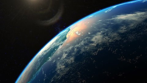 Beautiful realistic sunrise over planet Earth seen from space. Earth rotation. 4K highly detailed 3d render.