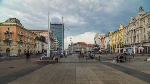 Central city square (Trg bana Jelacica) timelapse hyperlapse and Ban Jelacic monument in Zagreb, Croatia. The oldest standing building here was built in 1827