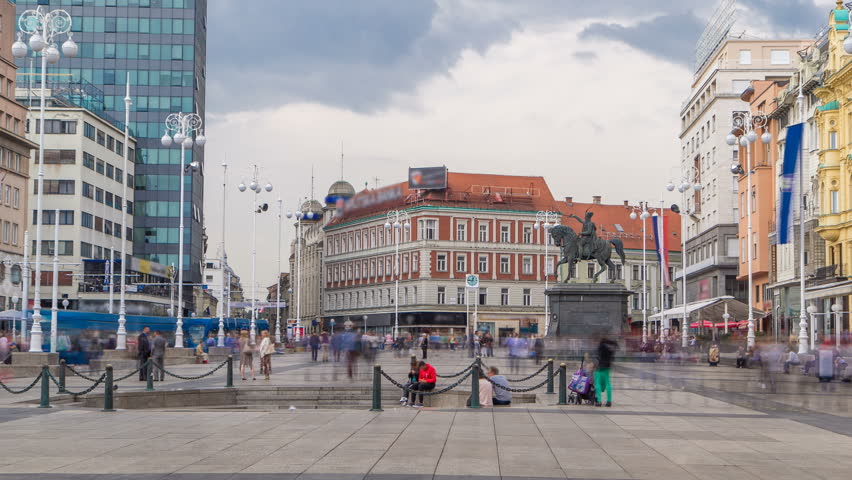 Central city square (Trg bana Jelacica) timelapse and Ban Jelacic monument in Zagreb, Croatia. The oldest standing building here was built in 1827