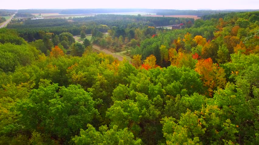 Amazingly beautiful autumn colors of Wisconsin, aerial flyover view.
