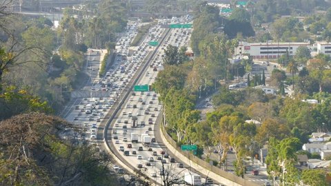 High shot of Los Angeles freeway looking north on the 5 freeway near dodger stadium.