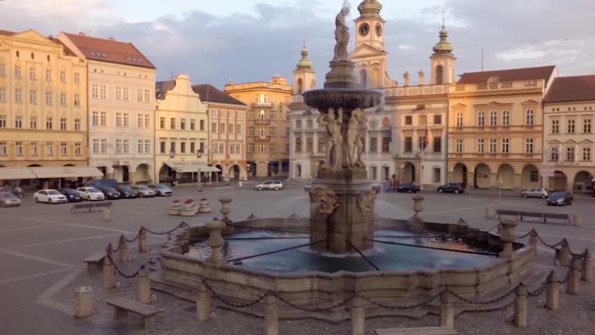 Fountain in the Old Town Square. Aerial view. FullHD.  Budejovice. South Bohemia, Czech republic.