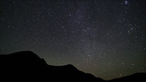 4K Incredible Night Sky Stars Panorama Time-lapse Over hills. ?ovement of the stars