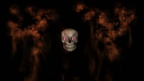 Human Skull With Eyes Laughing And Moving Towards Camera With Smoke And Fire In The Background