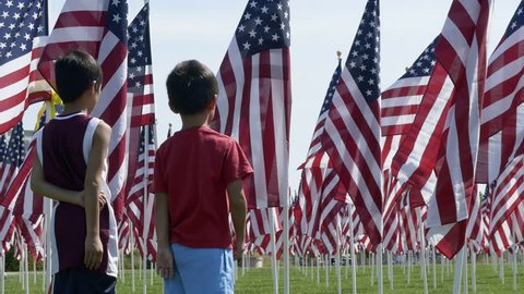Two boys saluting American flags waving in the wind during veterans memorial event. - Βίντεο στοκ