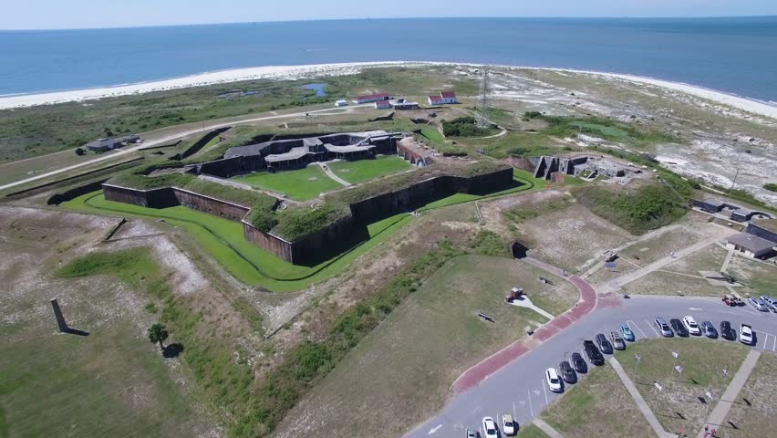 Aerial/Drone flying over Fort Morgan, a Civil War fort.  Located in Gulf Shores Alabama.  USA