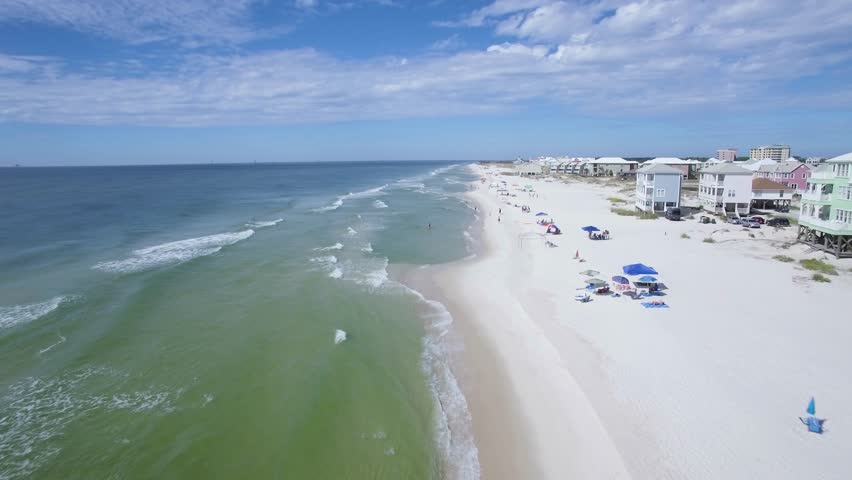 Drone/Aerial footage of oceans & beaches of Gulf Shores/Fort Morgan Alabama.  USA.  This famous white sand beach resides on the Gulf of Mexico