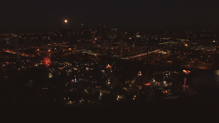 Aerial view of downtown Denver from Platte River at night.