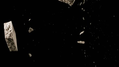 High quality motion animation representing various pieces of debris, falling in slow motion, on a black background.
