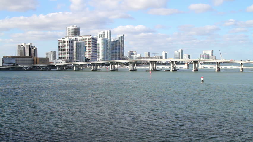 Cityscape, Miami skyline with bridge, from over the water angle
