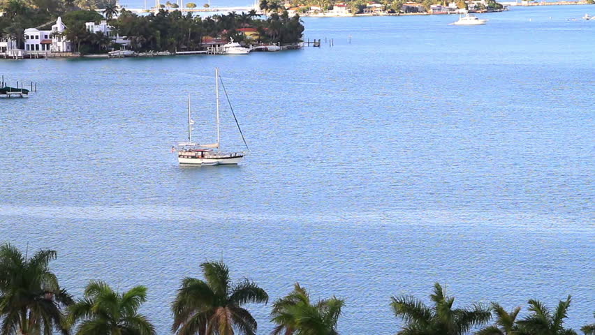 sailboat in the miami harbor, near some elegant homes