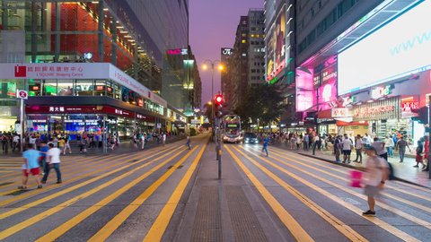 Time lapse of pedestrians and traffic at a busy road crossing, Nathan Road, Kowloon, Hong Kong, China (Jul 2016, Hong Kong)