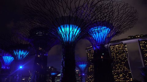 Supertrees at Gardens by the Bay, illuminated at night, Singapore, Southeast Asia (Jun 2016, Singapore)