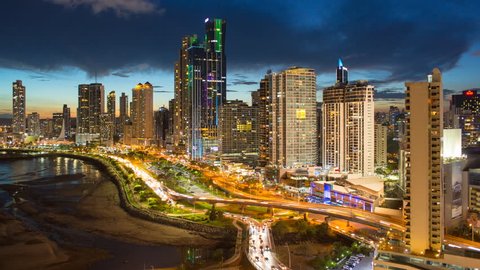 City skyline illuminated at night, Panama City, Panama, Central America (May 2016, Panama City, Panama)