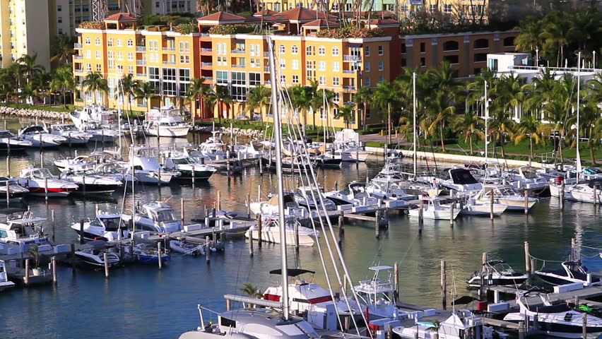 aerial view of a marina in miami, boats parked in the water
