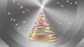 Christmas Tree From White, Pink And Yellow Tapes With Snowflakes Over Metal Background. 3D Animation. - Powered by Shutterstock - Get 15% off with code: PIKWIZARD15