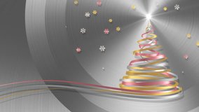 Christmas Tree From White, Pink And Yellow Tapes With Snowflakes On Metal Background. 3D Animation. - Powered by Shutterstock - Get 15% off with code: PIKWIZARD15