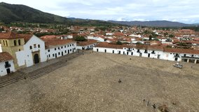 Aerial video of Villa de Leyva, Colombia with the camera panning to the left