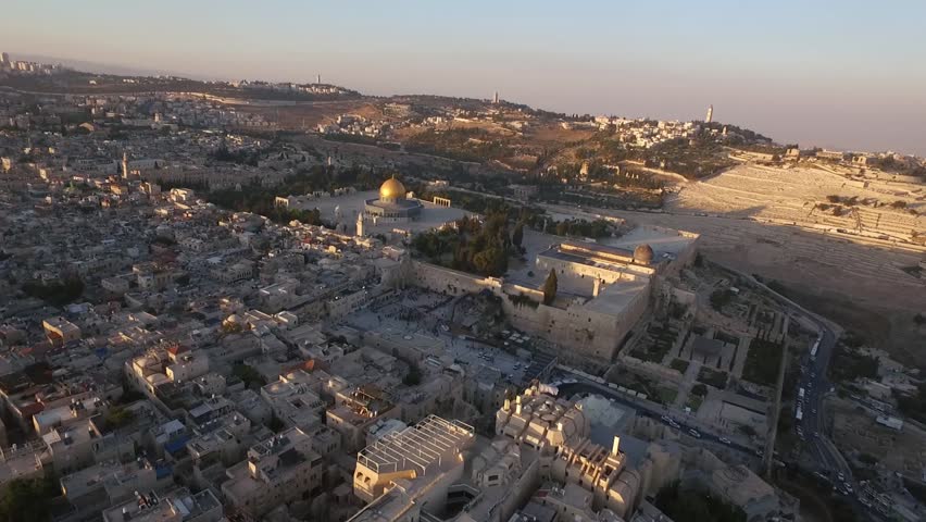 Aerial view of Jerusalem old city, Temple mount mosque, Western wall  Israel- Palestine
Epic evening shot around Jerusalem old city with Dome of the Rock on Temple mount and facing the western wall