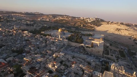 Aerial view of Jerusalem old city, Temple mount mosque, Western wall  Israel- Palestine
Epic evening shot around Jerusalem old city with Dome of the Rock on Temple mount and facing the western wall