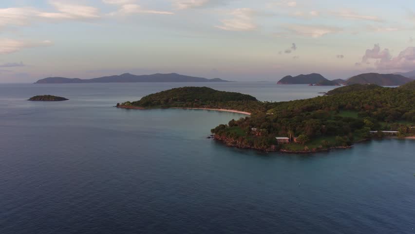 Aerial view of Scott Beach, Caneel Bay at Sunset, St John, United States Virgin Islands
