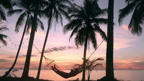 silhouette of a man in a hammock under a palm tree at sunset on the beach