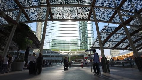 MILAN, ITALY - SEPTEMBER 28, 2016: POV Walking in Gae Aulenti square, the new finalcial district at Porta Garibaldi built for EXPO.